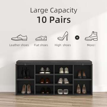 NUNU LAB Shoe Storage Bench, Shoe Bench with Removable Cushion, Storage Entryway Bench with 10 Cubbies, Space Saving Shoe Rack with Bench, 41 x 12 x 16.75 Inches, Black Shoe Bench