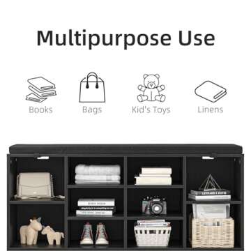 NUNU LAB Shoe Storage Bench, Shoe Bench with Removable Cushion, Storage Entryway Bench with 10 Cubbies, Space Saving Shoe Rack with Bench, 41 x 12 x 16.75 Inches, Black Shoe Bench