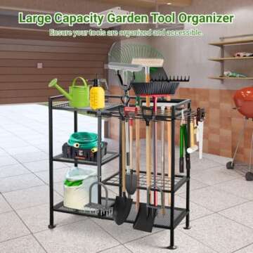 Garden Tool Organizer for Garage, 3 Tiers Garden Tool Holder with Large Tool Slots & Small Tool Hooks, Large Capacity Yard Tool Storage, Heavy Duty Metal Tower Rack for Lawn Garage Shed