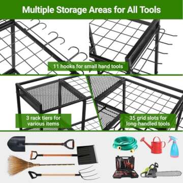 Garden Tool Organizer for Garage, 3 Tiers Garden Tool Holder with Large Tool Slots & Small Tool Hooks, Large Capacity Yard Tool Storage, Heavy Duty Metal Tower Rack for Lawn Garage Shed