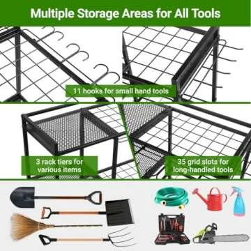 Garden Tool Organizer for Garage, 3 Tiers Garden Tool Holder with Large Tool Slots & Small Tool Hooks, Large Capacity Yard Tool Storage, Heavy Duty Metal Tower Rack for Lawn Garage Shed