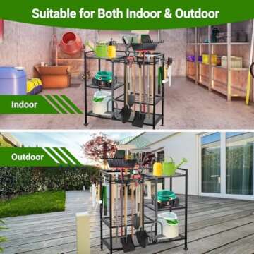 Garden Tool Organizer for Garage, 3 Tiers Garden Tool Holder with Large Tool Slots & Small Tool Hooks, Large Capacity Yard Tool Storage, Heavy Duty Metal Tower Rack for Lawn Garage Shed