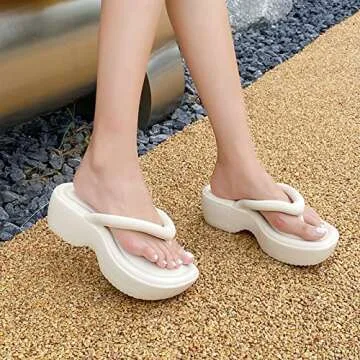 SALIGNA Women's Platform Flip Flop with Arch Support Casual Comfortable Wedge Flip-Flops Summer Beach Sandals Thong Slippers（Beige,5