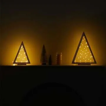 SOONOW Wood Christmas Tree with Lights, Modern Farmhouse Lighted Tabletop Christmas Tree for Home Table Fireplace Mantle Shelf Decor, Christmas Holiday Decorations Set of 2 (Large 13.3" & Small 9.8")