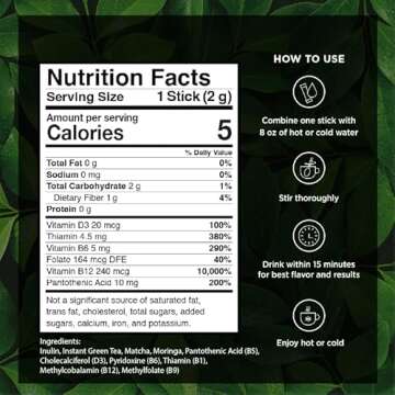 VitaCup Green Tea Instant Packets, Enhance Energy & Detox with Matcha, Moringa, B Vitamins, D3, Fiber, Keto, Paleo, Vegan in Tea Powder Single Serving Sticks, 24 Ct