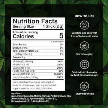 VitaCup Green Tea Instant Packets, Enhance Energy & Detox with Matcha, Moringa, B Vitamins, D3, Fiber, Keto, Paleo, Vegan in Tea Powder Single Serving Sticks, 24 Ct