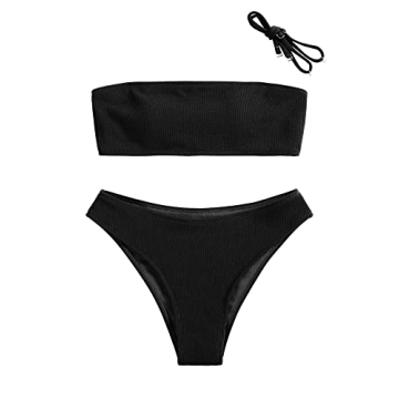 ZAFUL Women Strapless Ribbed High Cut Bandeau Bikini Set – Stylish Beach Ready Swimwear
