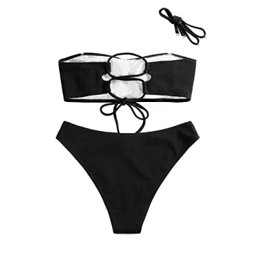 ZAFUL Women Strapless Ribbed High Cut Bikini Set for Summer