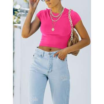 Women's Summer Cute Short Sleeve High Neck Double Lined Tight Casual Basic T Shirts Yoga Crop Tops Tees Neon Rose Red Medium