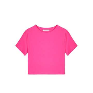 Women's Summer Cute Short Sleeve High Neck Double Lined Tight Casual Basic T Shirts Yoga Crop Tops Tees Neon Rose Red Medium
