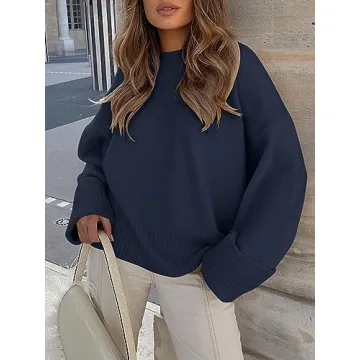 LOGENE Women's Oversized Sweater Crewneck Long Sleeve Soft Fuzzy Knit Pullover Sweaters 2024 Winter Fashion Warm Tops Clothes Navy Blue Large
