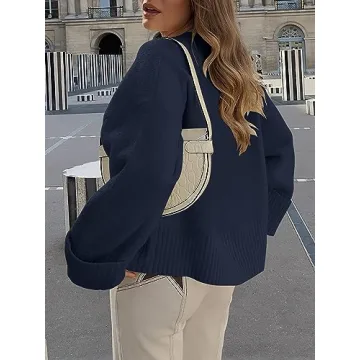 LOGENE Women's Oversized Sweater Crewneck Long Sleeve Soft Fuzzy Knit Pullover Sweaters 2024 Winter Fashion Warm Tops Clothes Navy Blue Large