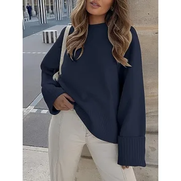 LOGENE Women's Oversized Sweater Crewneck Long Sleeve Soft Fuzzy Knit Pullover Sweaters 2024 Winter Fashion Warm Tops Clothes Navy Blue Large