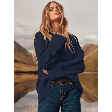 LOGENE Women's Oversized Sweater Crewneck Long Sleeve Soft Fuzzy Knit Pullover Sweaters 2024 Winter Fashion Warm Tops Clothes Navy Blue Large