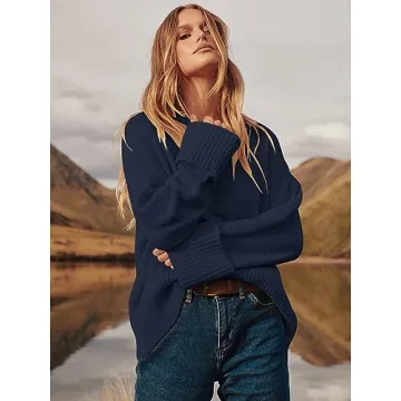 LOGENE Women's Oversized Sweater Crewneck Long Sleeve Soft Fuzzy Knit Pullover Sweaters 2024 Winter Fashion Warm Tops Clothes Navy Blue Large