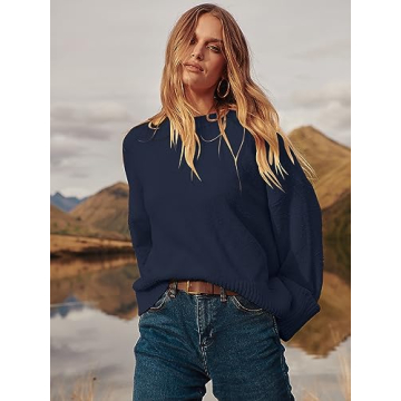 LOGENE Women's Oversized Sweater Crewneck Long Sleeve Soft Fuzzy Knit Pullover Sweaters 2024 Winter Fashion Warm Tops Clothes Navy Blue Large