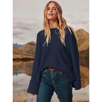 LOGENE Women's Oversized Sweater Crewneck Long Sleeve Soft Fuzzy Knit Pullover Sweaters 2024 Winter Fashion Warm Tops Clothes Navy Blue Large