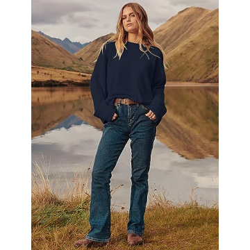 LOGENE Women's Oversized Sweater Crewneck Long Sleeve Soft Fuzzy Knit Pullover Sweaters 2024 Winter Fashion Warm Tops Clothes Navy Blue Large