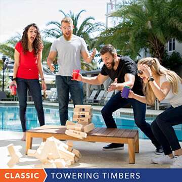 Rally and Roar Towering Timbers Giant Tumbling Timbers Game 2.5 feet Tall (Build to Over 5 feet) Classic Wood Version - for Adults, Family Stacking Blocks Set w/Canvas Bag