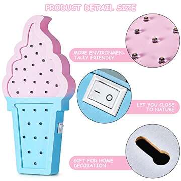 Mudder 2 Pcs Ice Cream Valentine Romance Atmosphere Light Wooden Ice Cream LED Night Light Ice Cream Theme Valentine Romance Lamps Battery Operated LED Night Lights for Party (Blue-Pink)
