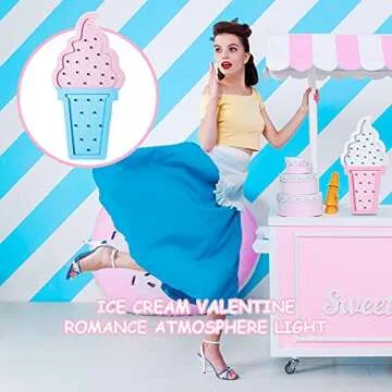 Mudder 2 Pcs Ice Cream Valentine Romance Atmosphere Light Wooden Ice Cream LED Night Light Ice Cream Theme Valentine Romance Lamps Battery Operated LED Night Lights for Party (Blue-Pink)