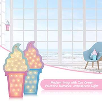 Mudder 2 Pcs Ice Cream Valentine Romance Atmosphere Light Wooden Ice Cream LED Night Light Ice Cream Theme Valentine Romance Lamps Battery Operated LED Night Lights for Party (Blue-Pink)