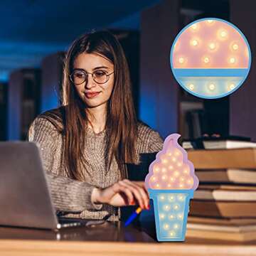 Mudder 2 Pcs Ice Cream Valentine Romance Atmosphere Light Wooden Ice Cream LED Night Light Ice Cream Theme Valentine Romance Lamps Battery Operated LED Night Lights for Party (Blue-Pink)