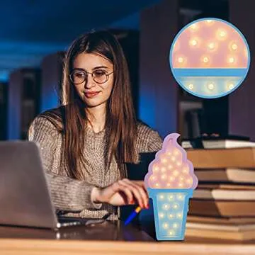 Mudder 2 Pcs Ice Cream Valentine Romance Atmosphere Light Wooden Ice Cream LED Night Light Ice Cream Theme Valentine Romance Lamps Battery Operated LED Night Lights for Party (Blue-Pink)