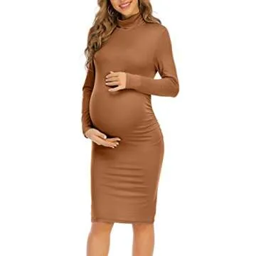 Yeshape Maternity Dresses for Women Winter Long Sleeve Maternity Bodycon Dress for Baby Shower Maternity Photoshoot Brown
