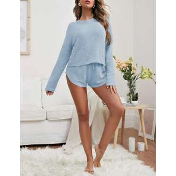 Ekouaer Womens Waffle Knit Pajama Sets Long Sleeve Top and Shorts Matching Lounge Set Sleepwear Loun...