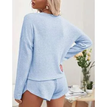 Ekouaer Womens Waffle Knit Pajama Sets Long Sleeve Top and Shorts Matching Lounge Set Sleepwear Loungewear Sweatsuit with Pockets Baby Blue Small