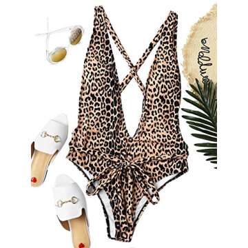 SweatyRocks Women's Sexy Bathing Suits Criss Cross Tie Knot Front Deep V Open Back Leopard One Piece Swimwear Multi L