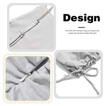 EVILD 2 Pieces Ruched Bodycon Mini Skirt Spaghetti Strap Crop Top Rave Short Skirts Party Clubwear Outfits for Women Silver