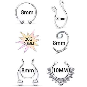 SCERRING Fake Septum Nose Hoop Rings Stainless Steel, Lip, Ear & Nose Ring, Non Piercing Clip On Nose Rings, Body Piercing Jewelry 20PCS Mix Color 1#