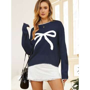 Milumia Women's Bow Print Drop Shoulder Long Sleeve Sweater Crew Neck Knit Fall Tops Royal Blue X-Large