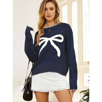Milumia Women's Bow Print Drop Shoulder Long Sleeve Sweater Crew Neck Knit Fall Tops Royal Blue X-Large