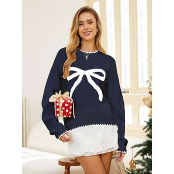 Milumia Women's Bow Print Drop Shoulder Long Sleeve Sweater Crew Neck Knit Fall Tops Royal Blue X-Large