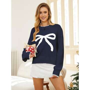 Milumia Women's Bow Print Drop Shoulder Long Sleeve Sweater Crew Neck Knit Fall Tops Royal Blue X-Large
