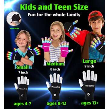 The Noodley LED Light Up Gloves for Kids Toys Halloween Costume Accessory Sensory Games Outdoor Toy for Boys Girls Autistic Children Kid Sized Ages 4 5 6 7 (Small, Black)