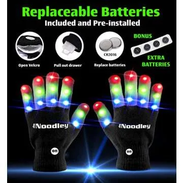 The Noodley LED Light Up Gloves for Kids Toys Halloween Costume Accessory Sensory Games Outdoor Toy for Boys Girls Autistic Children Kid Sized Ages 4 5 6 7 (Small, Black)