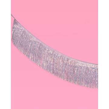 xo, Fetti Silver Iridescent Fringe Banner - 5 Ft. | Bachelorette Party Decorations, Birthday Party Decor, 21st Bday Decor, HBD, Photo Booth Banner Backdrop