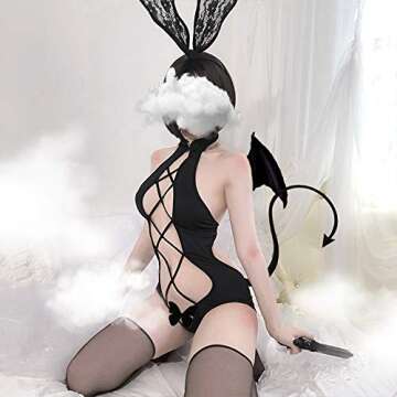 YOMORIO Japanese Lingerie Anime Swimsuit Keyhole Cheongsam Cosplay Jumpsuit (Black)