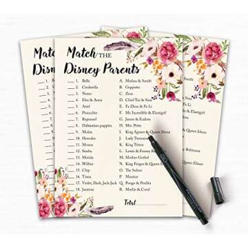 Inscape Creations BOHO Baby Shower Games CARTOON PARENT MATCH — Pack of 25 — GIRL Bohemian Pink Floral, Match Famous Parents Fun Baby Shower Activity, Star Kids Match Game G400-DPM