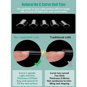 480PCS Extra Long NO C Curve Nail Tips XL, 2 Packs Natural and Clear Nail Tips for Acrylic Nails Professional Set, 12 Sizes Straight Tapered Square Press on False Nail Tips for Nail Art Salon Home DIY