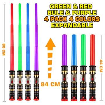 4 Pack 4 Colors Light up Sword Retractable Saber with FX Sound, Double Bladed Saber Gift Set for Kid, Expandable LED toy for Child Adult Space Galaxy War Fighter, Halloween Cosplay Party, Xmas Favors