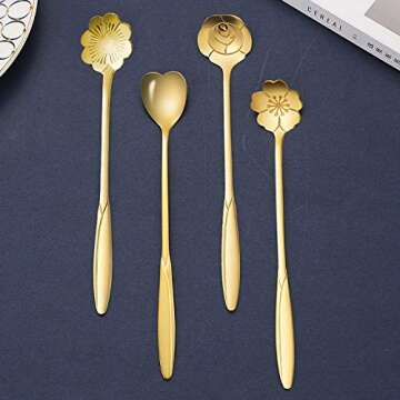 Stainless Steel Tableware Creative Flower Coffee Spoon,7 Inch Long Handle Spoons, Sugar Spoon, Stirring Spoon, Mixing Spoon, Ice Tea Spoon for Tea, Dessert Ice Cream Spoon, Set of 4 (Gold)