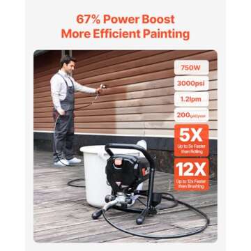 VEVOR 750W Stand Airless Paint Sprayer, 3000PSI High Efficiency Electric Airless Sprayer, Fine and E...