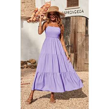 PRETTYGARDEN Women's Summer Maxi Dress 2024 Casual Boho Sleeveless Spaghetti Strap Smocked Tiered Long Beach Sun Dresses (Light Purple,S)