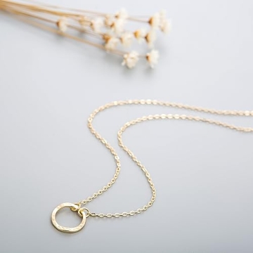 Fettero Pendant Necklace Gold Hammered Open Karma Circle Pendant 14K Gold Plated Dainty Simple Jewelry for Women