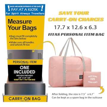 Foldable Travel Duffel Bag 2PCS Tote Carry on Luggage Bag Spirit Airlines Personal item Sports Gym Bag Water Resistant Weekender Overnight Bags for Women and Men (Green+Pink)